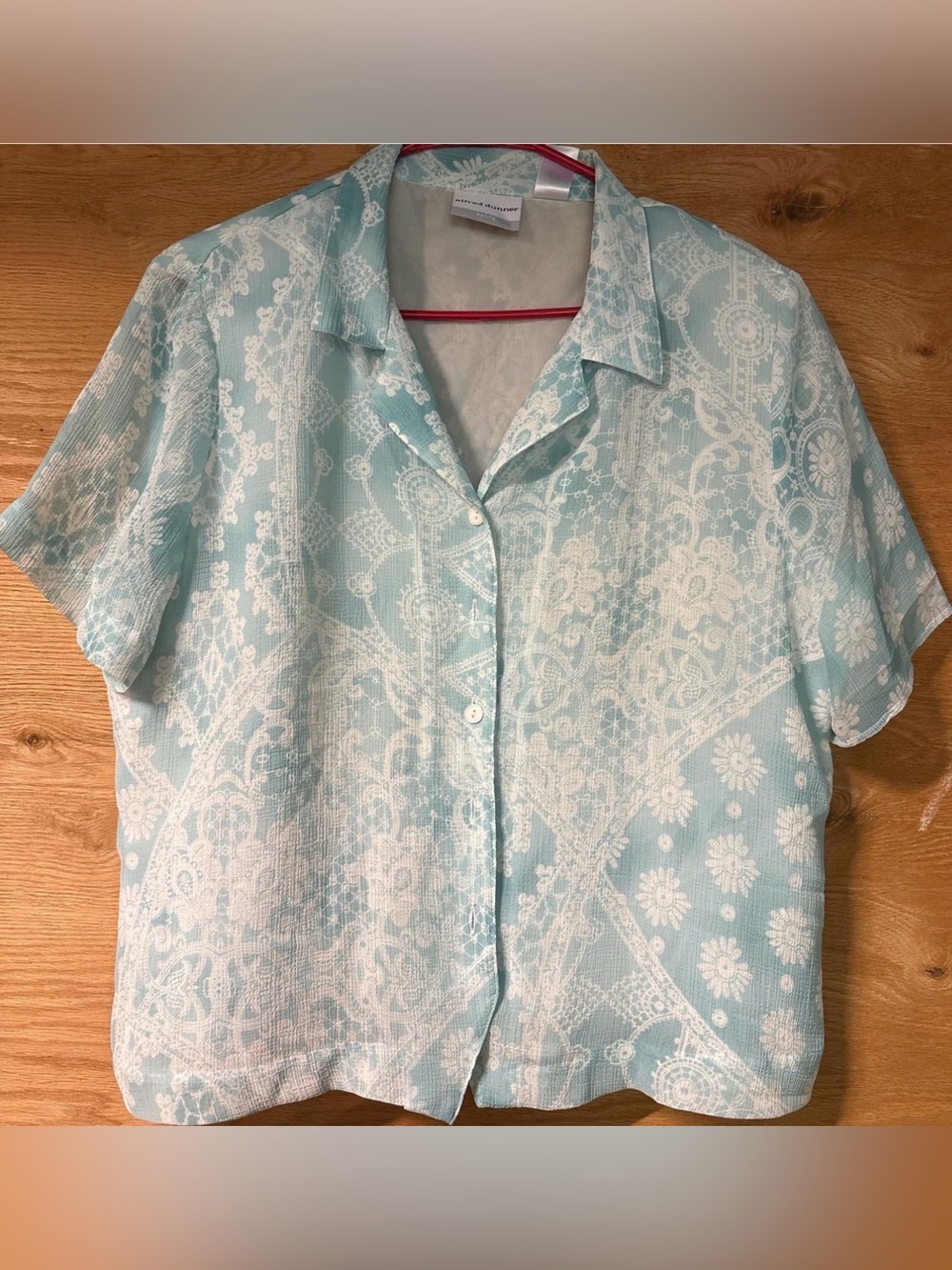 Alfred Dunner Light Blue & White Lace-Print Button Front Blouse